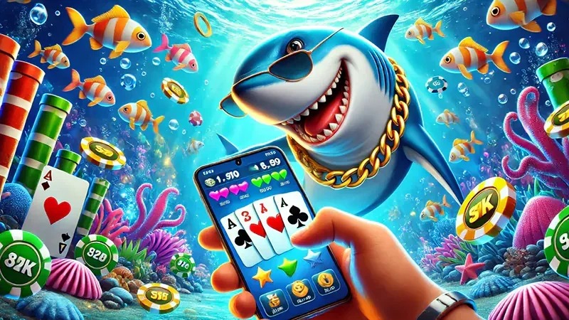 Layar permainan tembak ikan dengan ikan berwarna dan efek tembakan