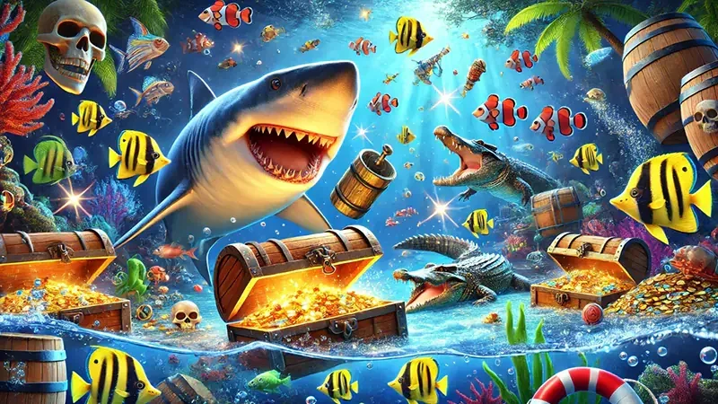 Adegan sasaran ikan dan kendali meriam dalam permainan arcade
