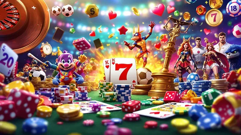 Layar slot digital dengan simbol permainan dan efek cahaya